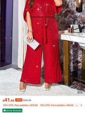 SHEIN Red Wide-Leg Sparkle Jumpsuit with Tie Waist